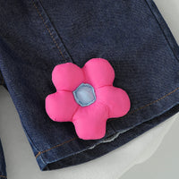 Girls Pink Flower applique Puff Sleeve Peplum Top With Denim Shorts Sets 2 pc. Sets