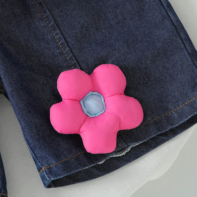 Girls Pink Flower applique Puff Sleeve Peplum Top With Denim Shorts Sets 2 pc. Sets