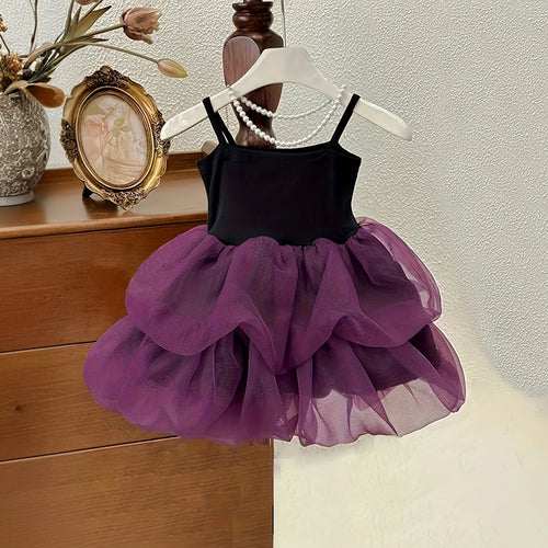 Girls Purple Sleeveless Tulle Ruffles Fit & Flare Dress Casual Dresses Purple 1-2 Y