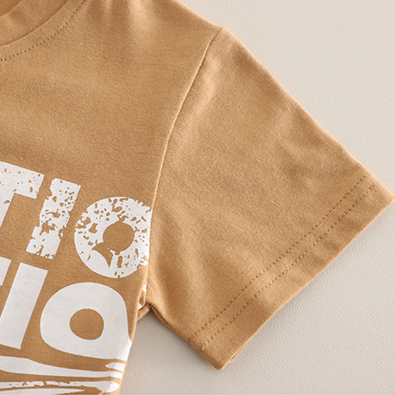 Boys Khaki Typographic Printed Short Sleeves Round Neck T-Shirt With Shorts Set 2 pc. Sets