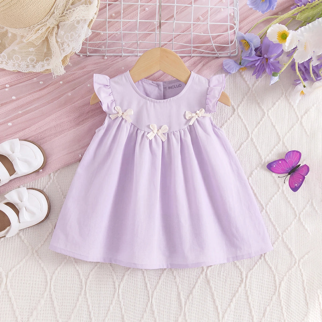 Girls Lavender Bow Applique Flutter Sleeve A-Line Dress Casual Dresses Lavender 1-2 Y