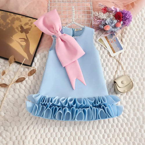 Girls Sky Blue Sleeveless A-line Party Wear Dress With Bow Applique Party Dresses Sky Blue 2-3 Y