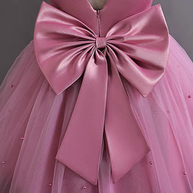 Girls Pink Pearl-Embellished Flutter Sleeve Party Wear Dress Party Dresses