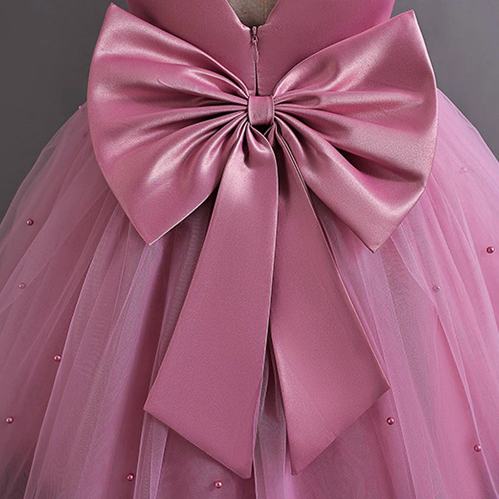 Girls Pink Pearl-Embellished Flutter Sleeve Party Wear Dress Party Dresses