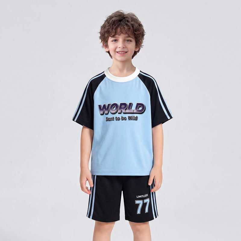 Boys Blue Typography Print Raglan Sleeve T-Shirt With Shorts Sets 2 pc. Sets