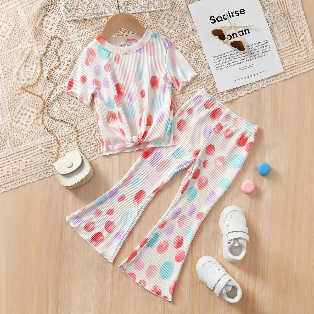 Girls Off White Polka Dot Printed Short Sleeve Top With Flared Pants Sets 2 pc. Sets Off White 1-2 Y