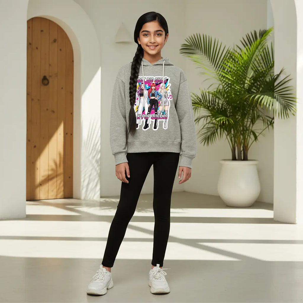 Girls Grey K-Pop Queens Graphics Hoodie Sweatshirts & Hoodies Grey 5-6 Y