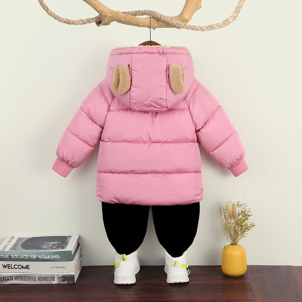 Girls Pink Solid Hooded Quilted Down Jacket Coats & Jackets