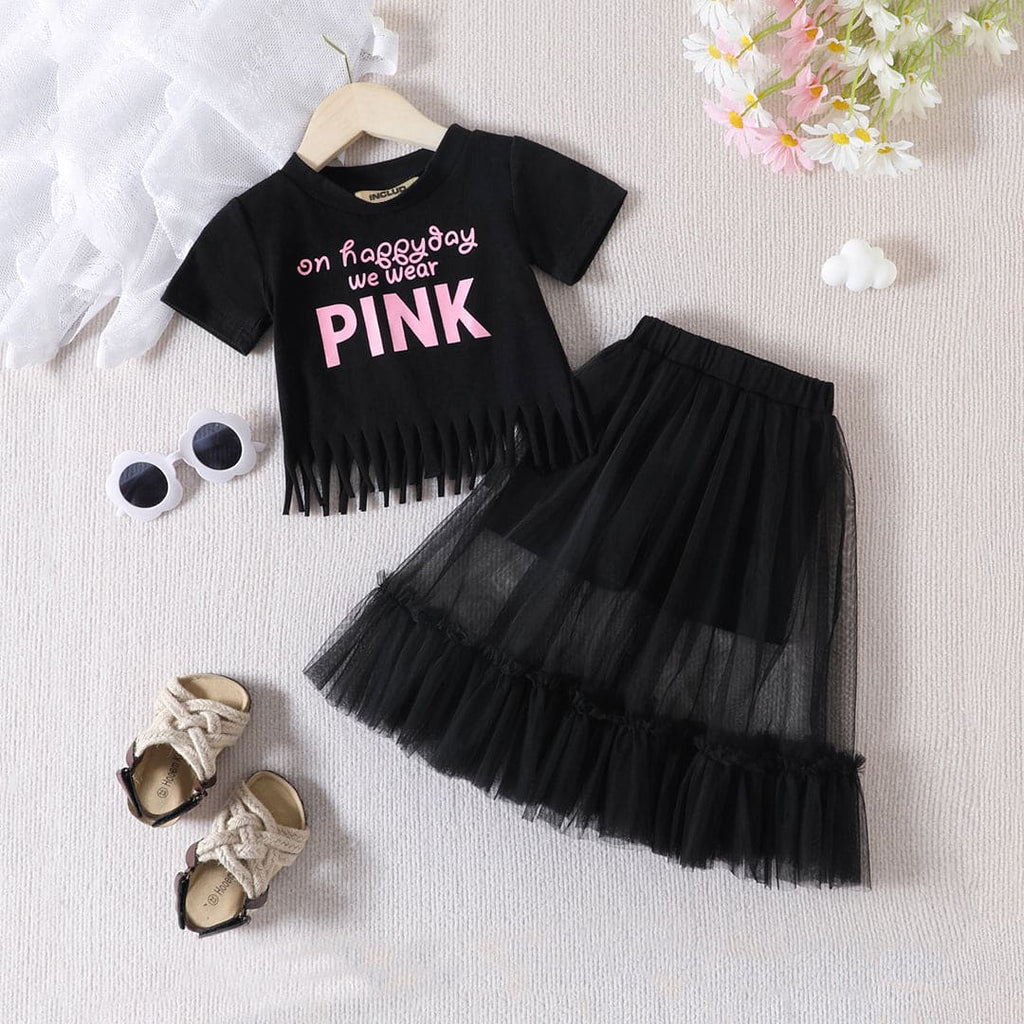 Girls Printed Top With Tulle Frill Skirt Set