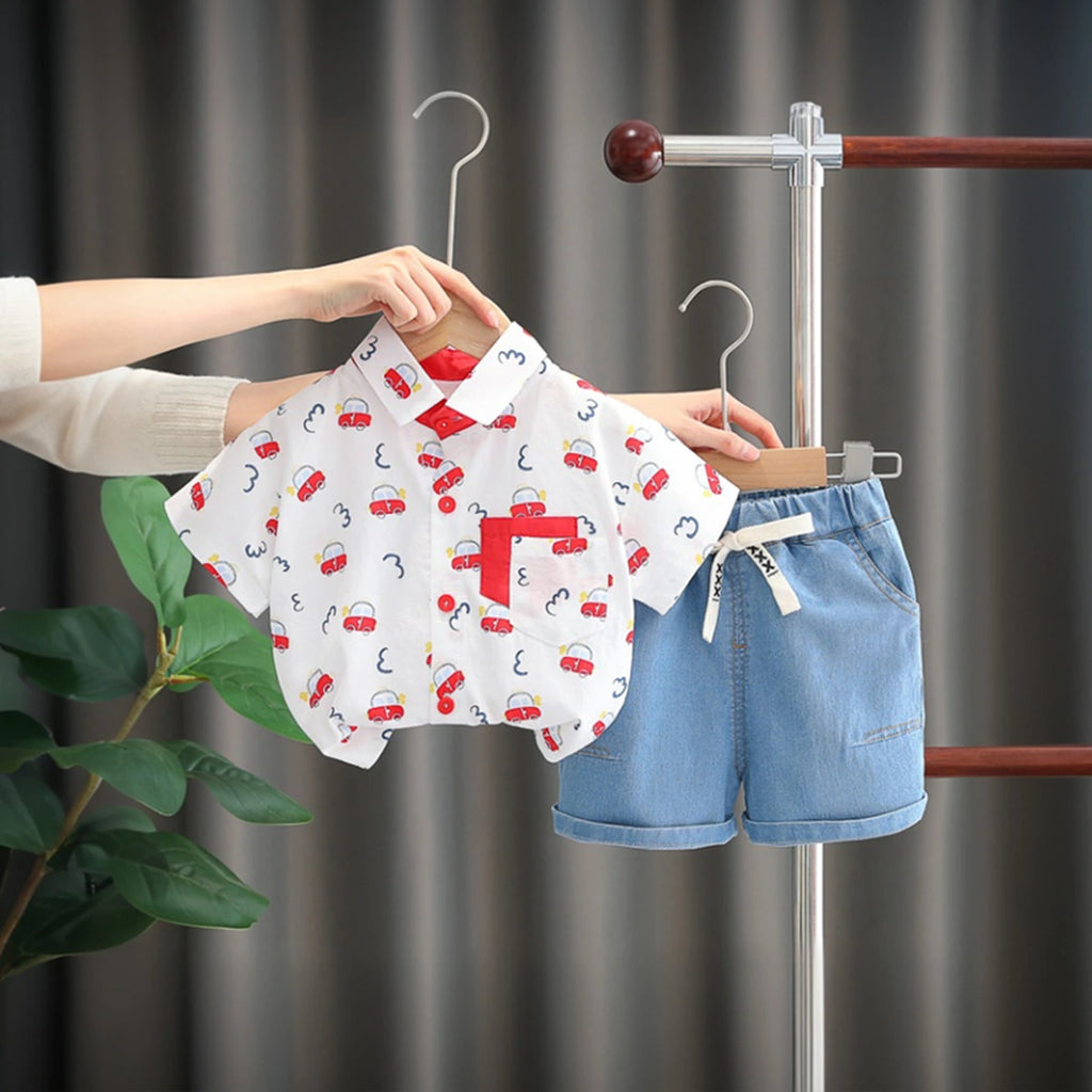 Boys Red Car Printed Short Sleeve Shirt With Denim Shorts Sets 2 pc. Sets Red 1-2 Y
