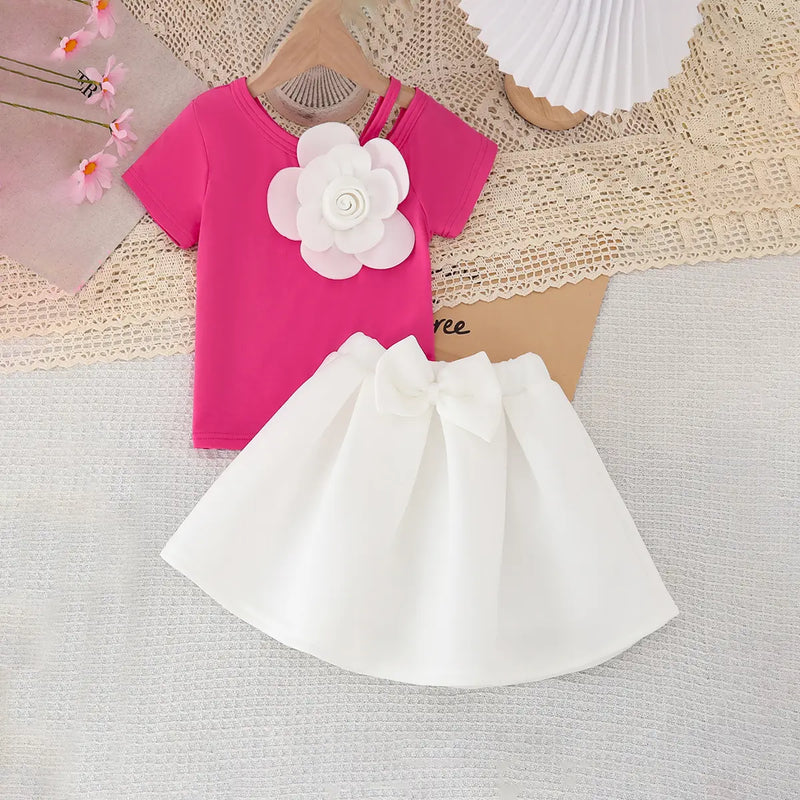 Girls Fuchsia 3D Flower Applique Top With Bow Applique Skirt Sets Sets Fuchsia 2-3 Y
