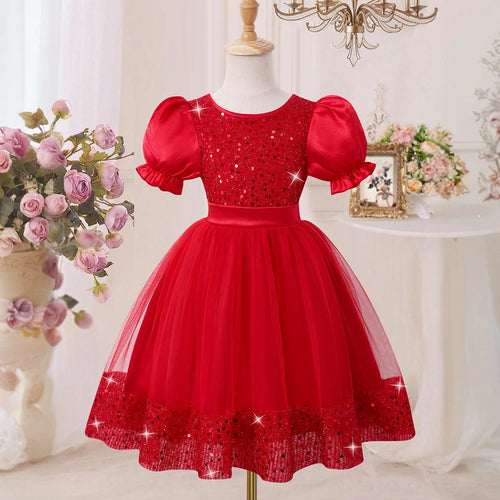Girls Red Sequins Embellished Puff Sleeve Fit & Flare Party Dress Party Dresses Red 3-4 Y