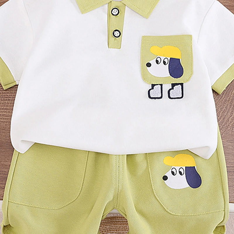 Boys Lime Green Puppy Graphic Printed Polo T-Shirt With Shorts Sets 2 pc. Sets