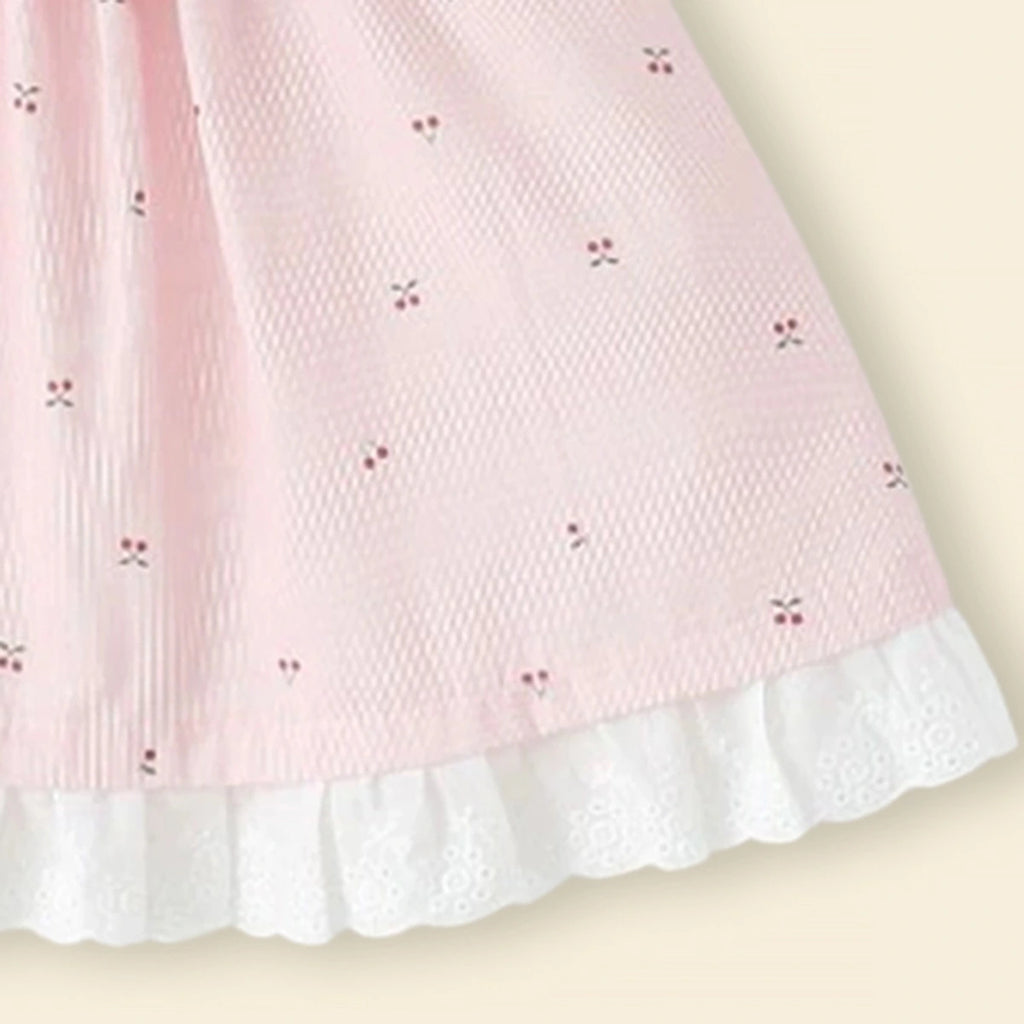 Girls Light Pink Printed Cherry Applique A-line Dress Casual Dresses
