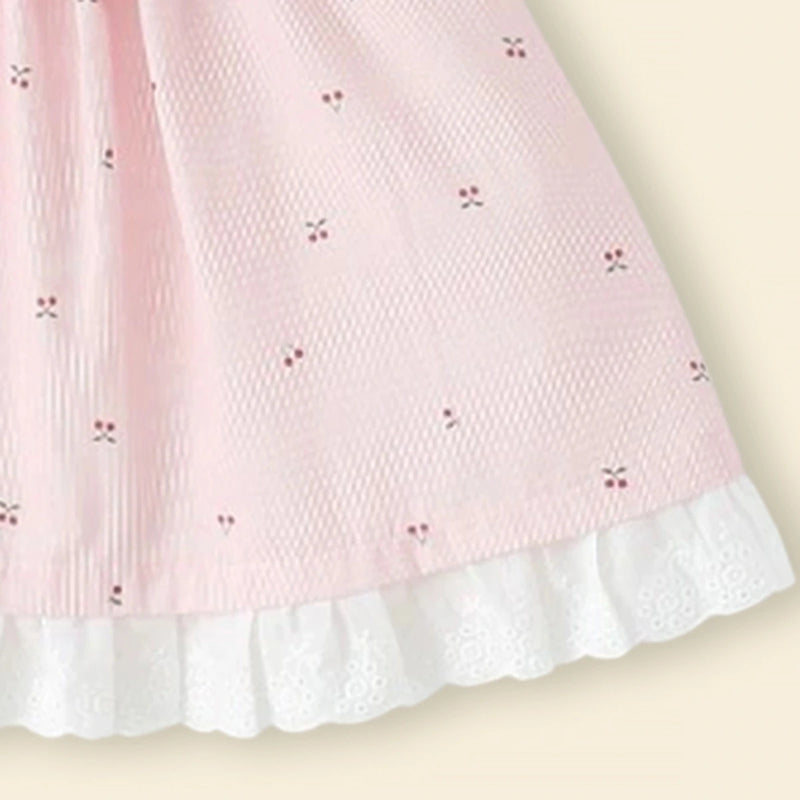 Girls Light Pink Printed Cherry Applique A-line Dress Casual Dresses