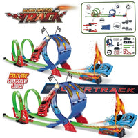Unisex multicolor racing track toy set with 360 corkscrew loops and miniature cars.