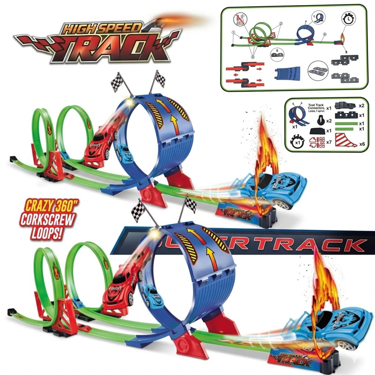 Unisex multicolor racing track toy set with 360 corkscrew loops and miniature cars.