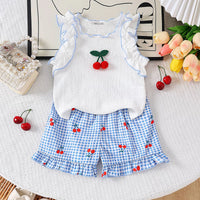 Girls White Cherry Applique Sleeveless Top With Shorts Sets 2 pc. Sets White 3-4 Y