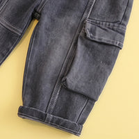Boys Dark Grey Denim Shacket & Cargo Pants With T-Shirt Sets Sets