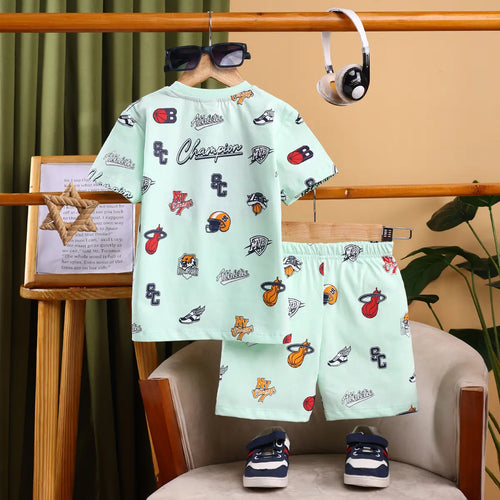 Boys Light Green AOP Graphics Short Sleeve T-Shirt With Elasticated Shorts Sets Sets