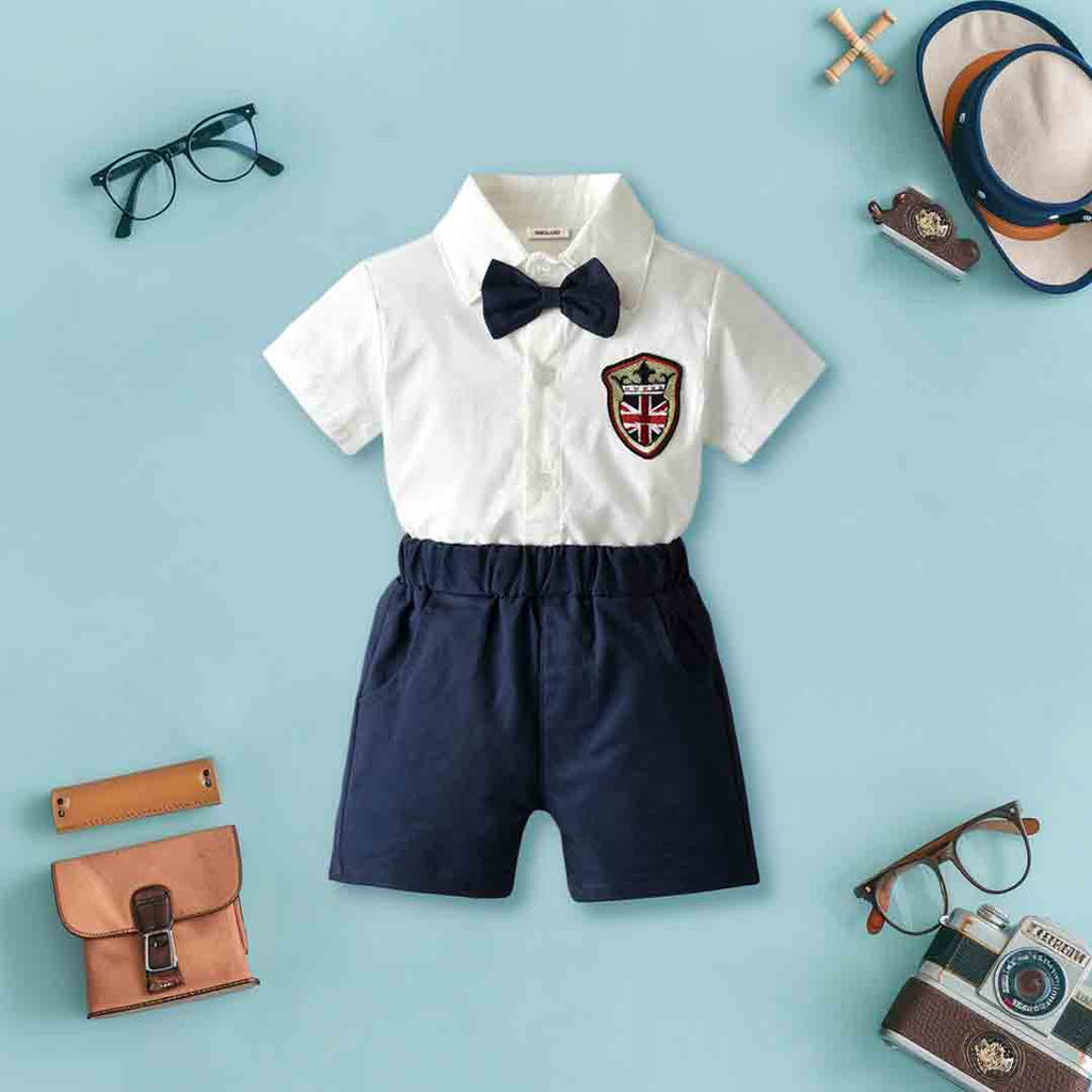 Boys Embroidery Applique Shirt With Suspender Shorts Set