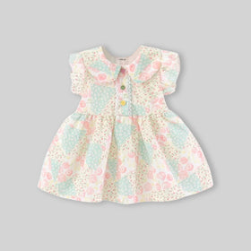 Girls Beige Floral Print Peter Pan Collar Fit And Flare Dress Casual Dresses