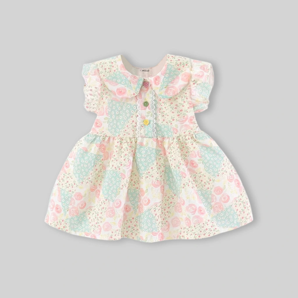 Girls Beige Floral Print Peter Pan Collar Fit And Flare Dress Casual Dresses