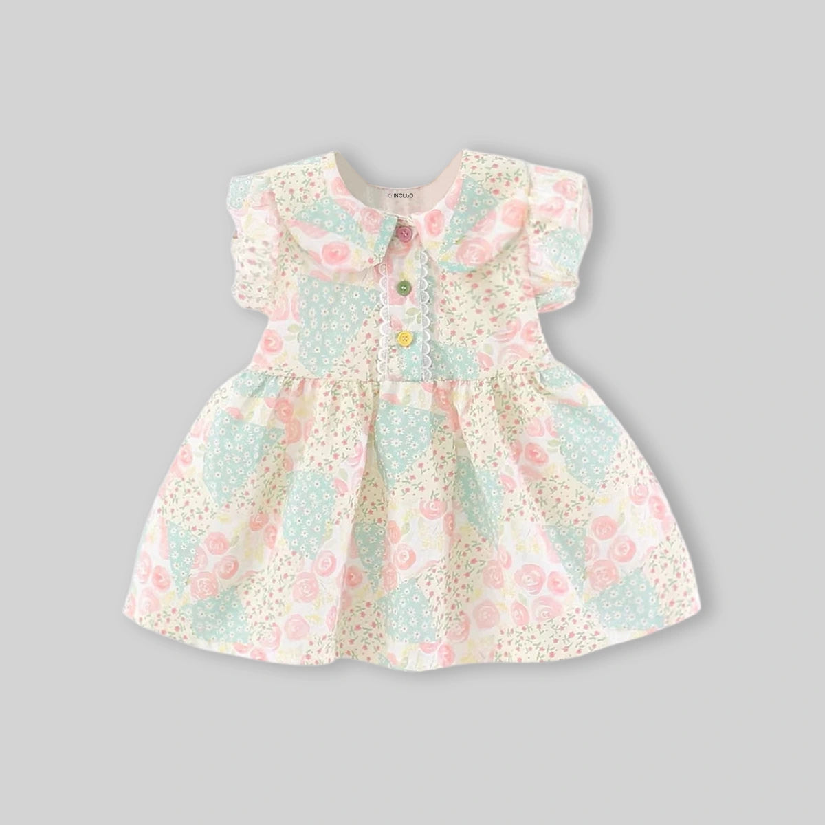 Girls Beige Floral Print Peter Pan Collar Fit And Flare Dress Casual Dresses