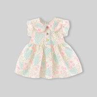 Girls Beige Floral Print Peter Pan Collar Fit And Flare Dress Casual Dresses