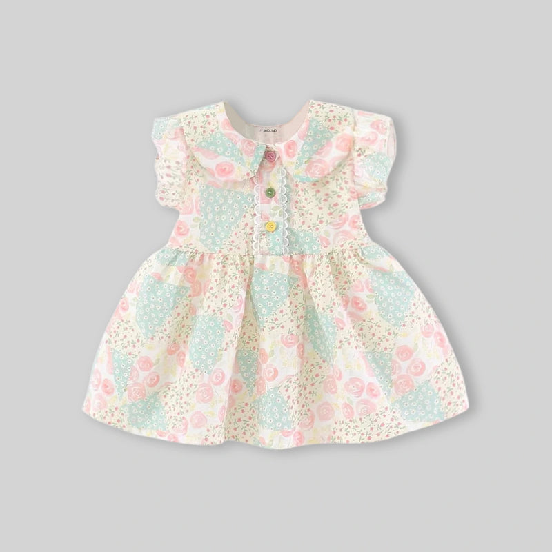 Girls Beige Floral Print Peter Pan Collar Fit And Flare Dress Casual Dresses