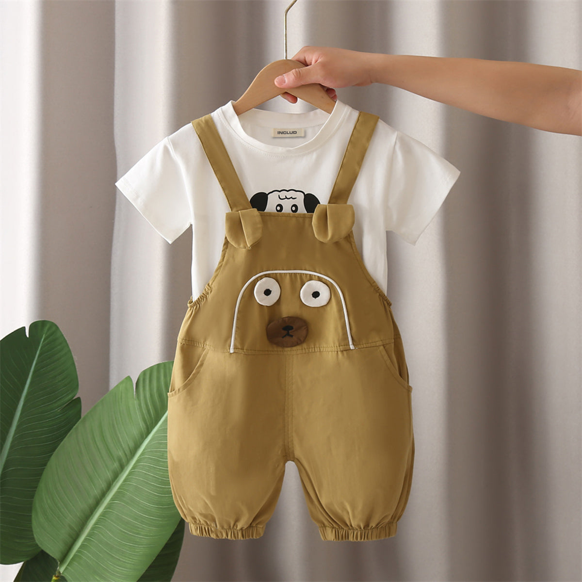 Boys Khaki Dog Patched Dungaree With T-Shirts Set 2 pc. Sets Khaki 1-2 Y