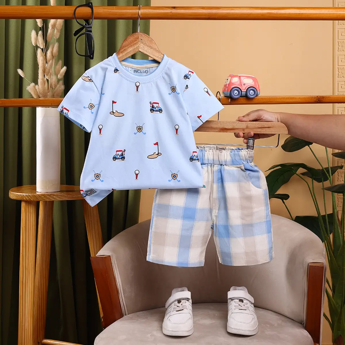Boys Sky Blue Golf Print Short Sleeve T-Shirt With Checked Shorts Sets Sets Sky Blue 6-12 M