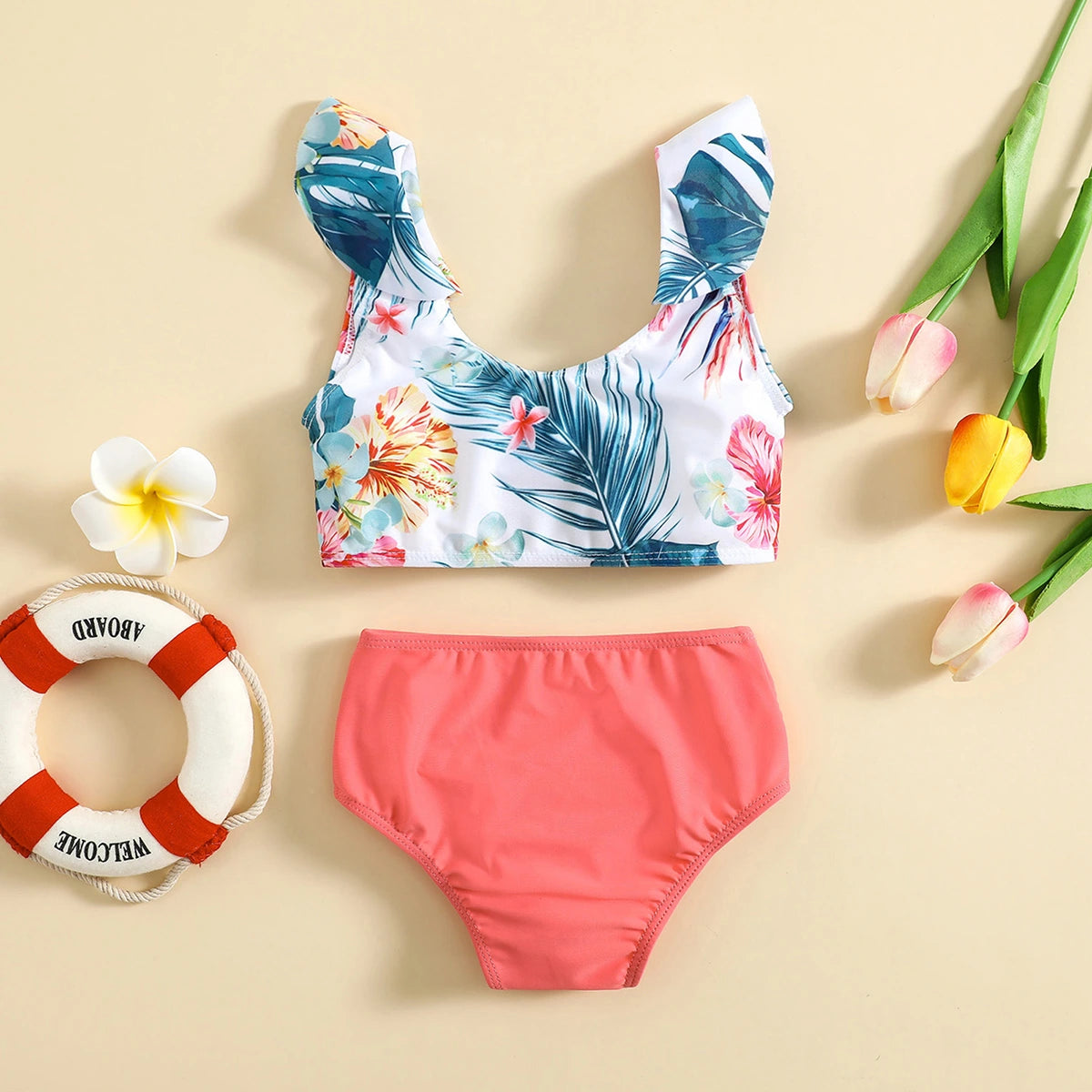 Girls White Tropical Printed Sleeveless Top With Briefs Swimwear Sets Sets
