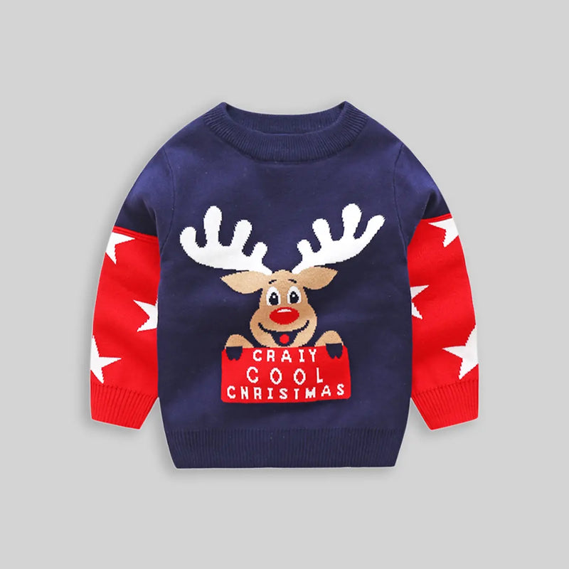 Boys Navy Blue Sweater With Self-Design Reindeer Pattern Sweaters & Cardigans