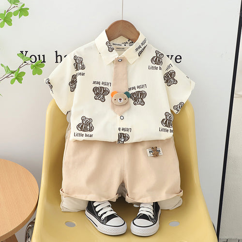 Boys Off White Bear Printed Short Sleeve Shirt With Elasticated Shorts Set Sets Off White 1-2 Y