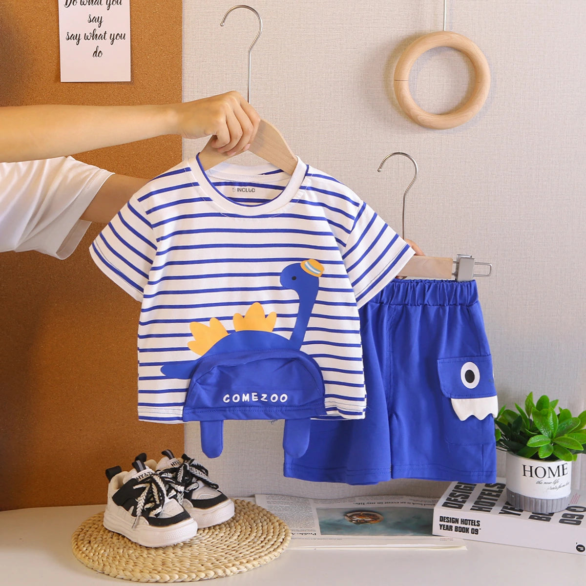 Boys Royal Blue Dinosaur Striped T-Shirt With Shorts Sets 2 pc. Sets Royal Blue 1-2 Y