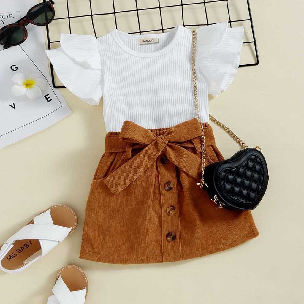 Girls Flared Sleeve Knitted Top With Corduroy Skirt Set