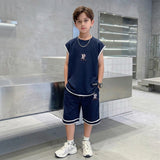 Boys Navy Blue Typographic Sleeveless T-Shirt With Elasticated Shorts Sets