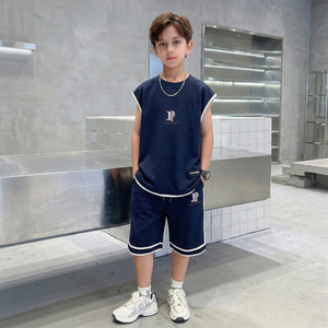 Boys Navy Blue Typographic Sleeveless T-Shirt With Elasticated Shorts Sets Sets Navy Blue 5-6 Y