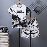 Boys White Abstract Printed T-Shirt With Elasticated Shorts Set