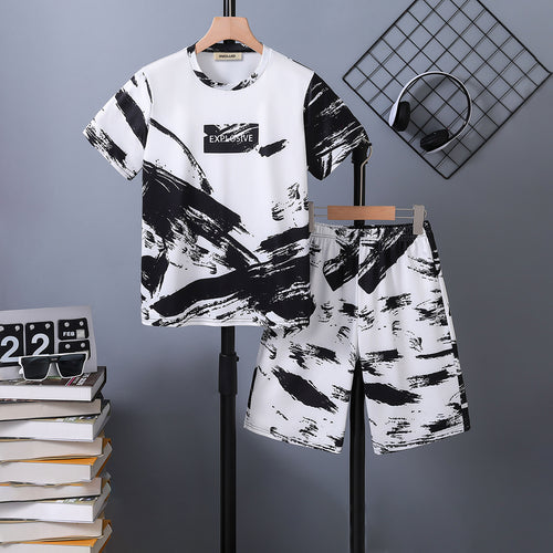 Boys White Abstract Printed T-Shirt With Elasticated Shorts Set 2 pc. Sets