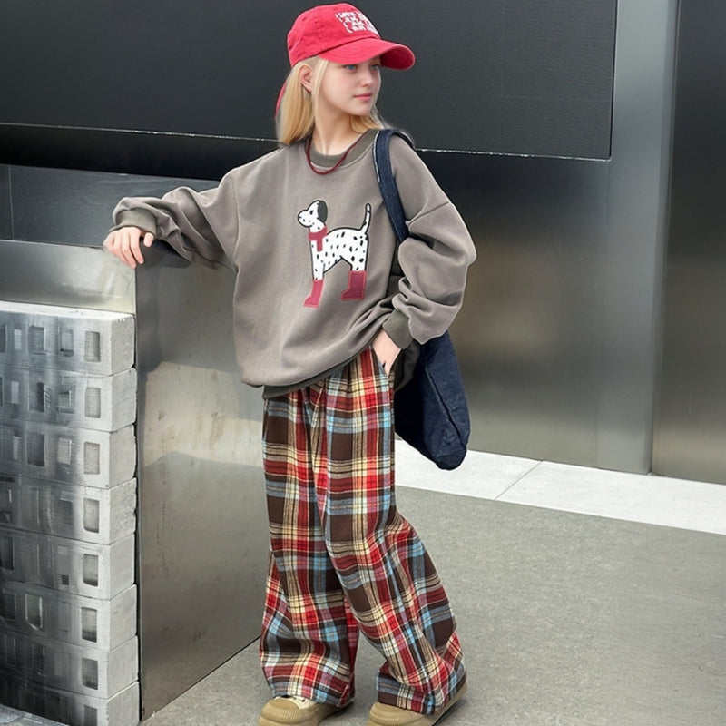 Girls Brown Cartoon Graphic Winter Sweatshirt With Checked Pant Set 2 pc. Sets