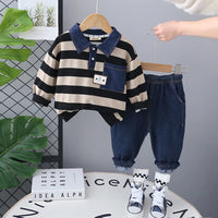 Boys Beige Stripes Polo Sweatshirt With Denim Pants Set Sets Beige 1-2 Y