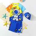 Boys Blue Astronaut Print T-Shirt With Shorts & Swim Cap Swimwear Sets Beachwear Blue 1-2 Y