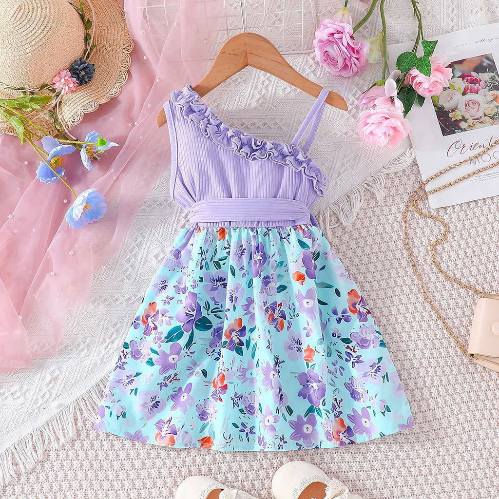 Girls Lavender Floral Print One Shoulder Fit & Flare Dress Casual Dresses