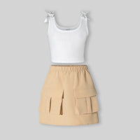 Girls White Ribbed Tank Top With Cargo Skirt Sets Sets