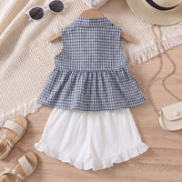 Girls Blue Checked Sleeveless Peplum Top With Ruffle Shorts Sets 2 pc. Sets