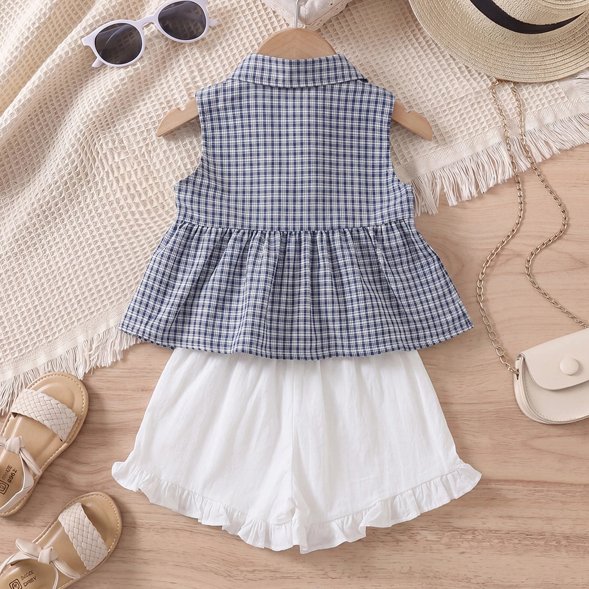 Girls Blue Checked Sleeveless Peplum Top With Ruffle Shorts Sets 2 pc. Sets