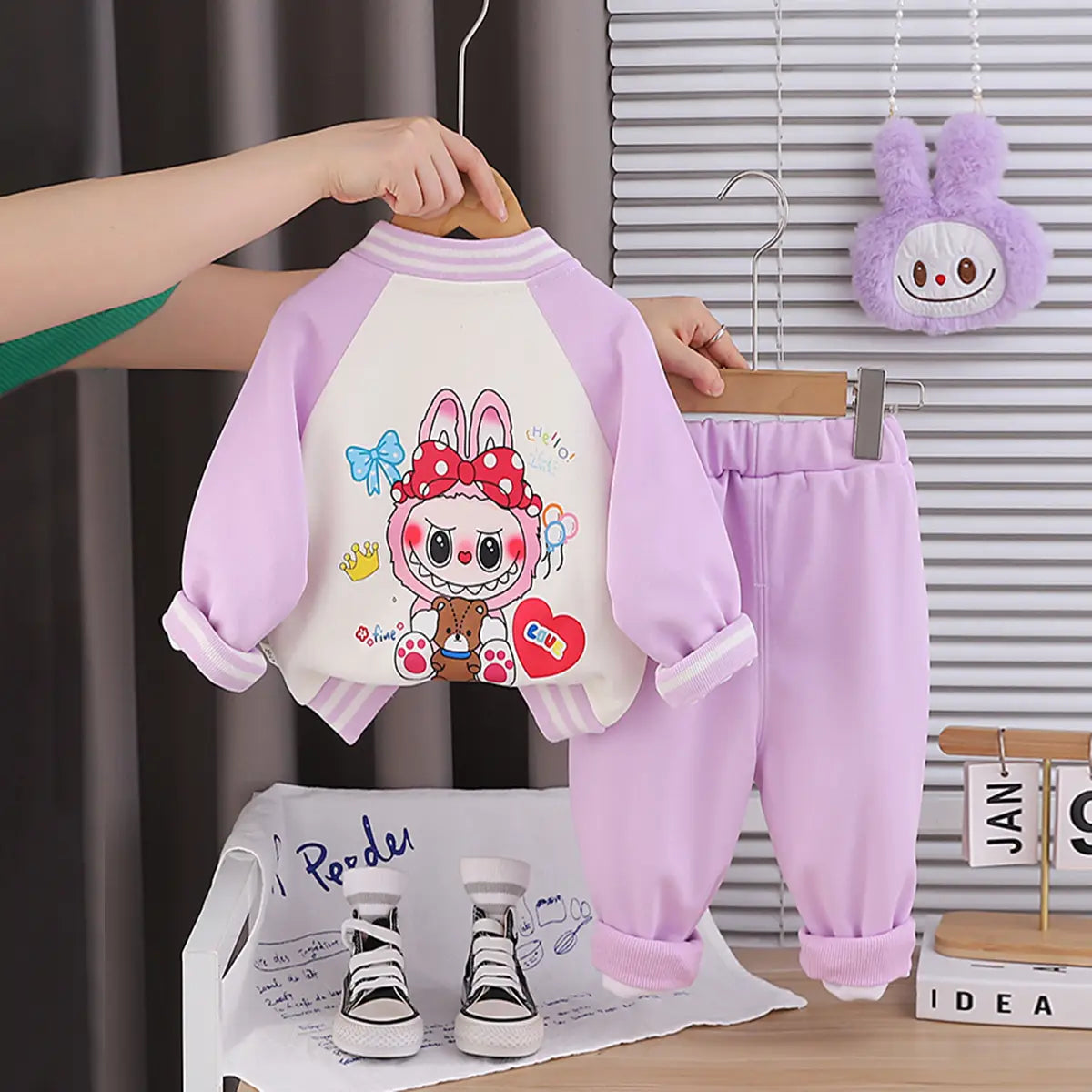 Girls Purple Graphics Printed Varsity Jacket With T-Shirt & Jogger & Sling Bag Sets Sets