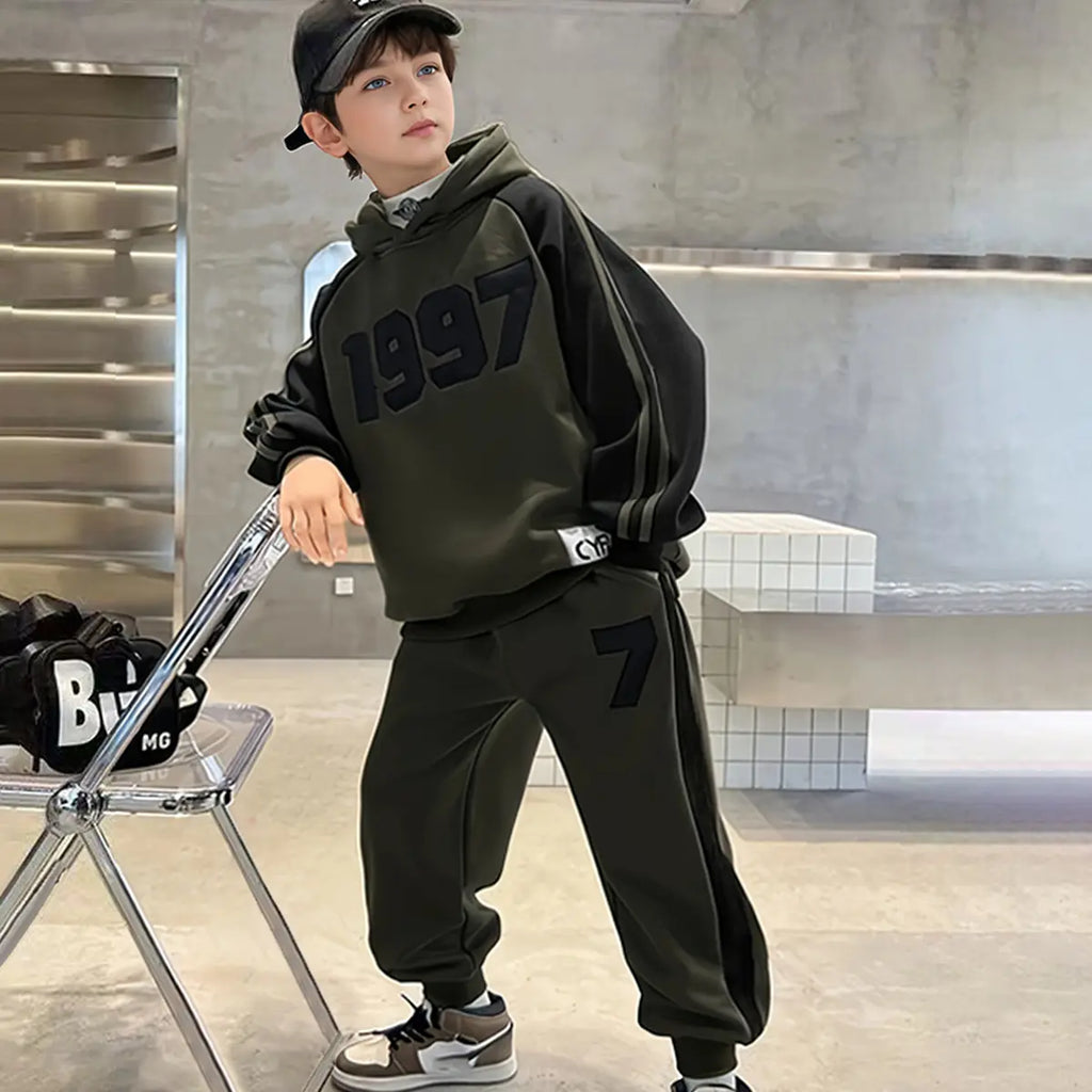 Boys Army Green Numeric Printed Oversized Hooded Sweatshirt With Jogger Co-ord Sets Sets